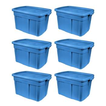 Rubbermaid Roughneck Tote 18 Gallon Stackable Storage Container w/ Stay Tight Lid & Easy Carry Handles, Heritage Blue (6 Pack)