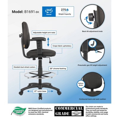 Black Ergonomic Fabric Drafting Stool with Adjustable Arms