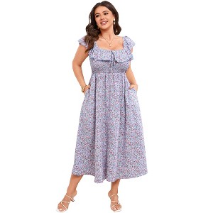 Clearlove Women's Plus Size Summer Casual Short Sleeve Smocked Square  Ruffled Neck A Line Flowy Midi Dress Long Dress : Target