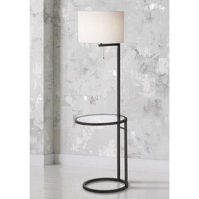 Black Metal Floor Lamp with Glass Tray and White Drum Shade