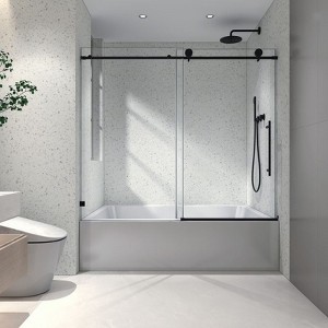 PexFix 63 in.x 60 in. Frameless Single Sliding Shower Door 8mm Tempered Glass With Adjustable Soft Closing Design for Spa Bathroom Clear Matte Black - 1 of 4