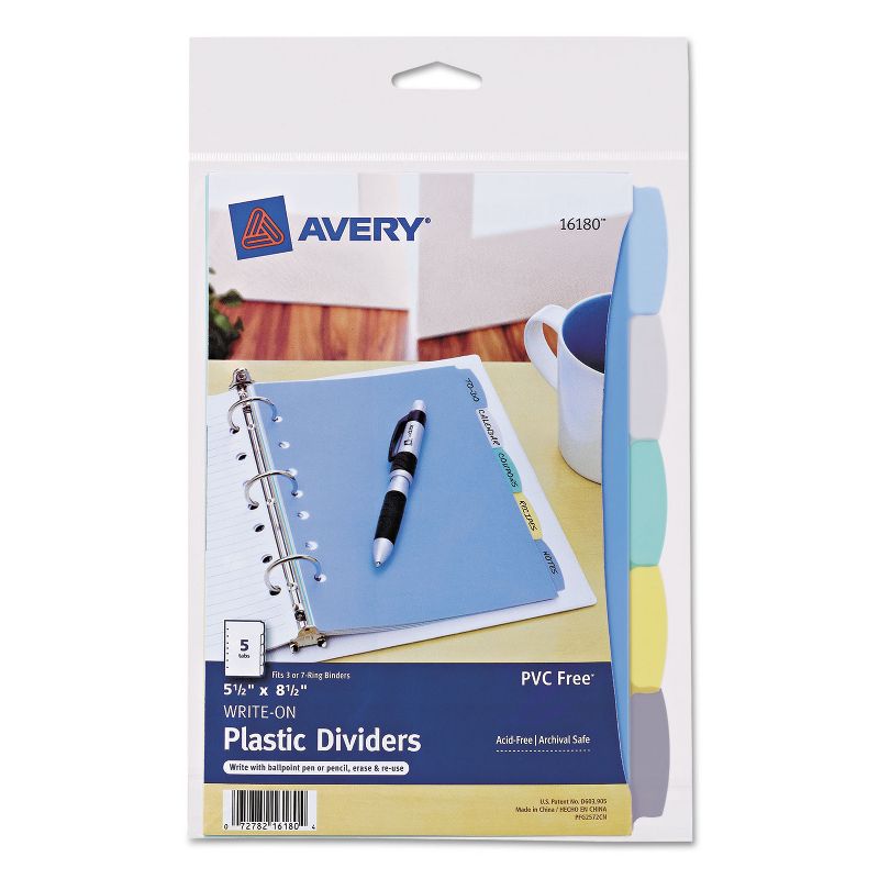 Avery Write-On Standard Tab Plastic Dividers 5-Tab 5 1/2 x 8 1/2 16180, 1 of 8
