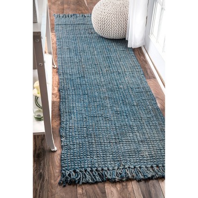 Handcrafted Blue Jute Rectangular Runner Rug, 2' 6" x 12'