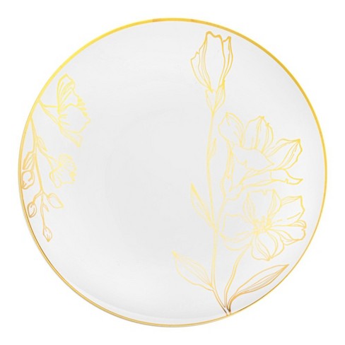 Smarty Had A Party 10.25" White with Gold Antique Floral Round Disposable Plastic Dinner Plates (120 Plates) - image 1 of 4