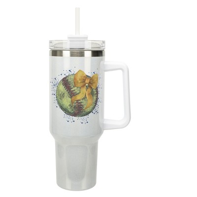 Elanze Designs 40 Ounce Stainless Steel Double Wall Insulated Glitter Travel Tumbler With Handle, Straw, and Lid, Softball With Gold Bow White