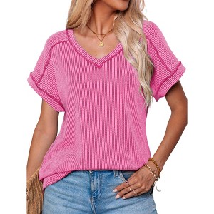 BLUEMING Womens T-shirts Knit V Neck Cap Sleeve Ribbed Tops Loose Fit Comfy Blouses Trendy Casual Outfits - 1 of 4