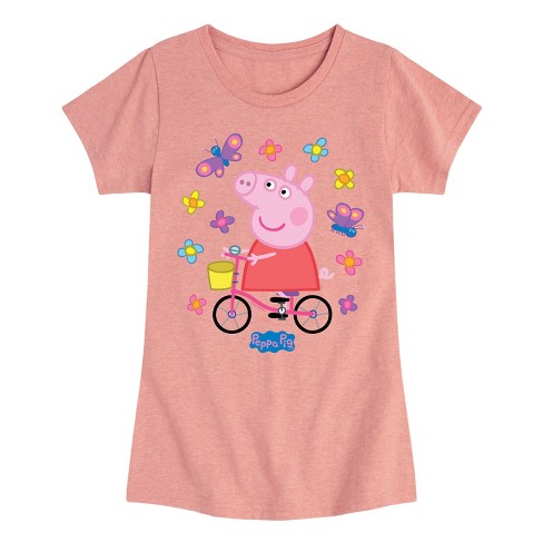 Girls Peppa Pig Riding on Bike with Butterflies Fitted Short Sleeve Graphic T Shirt Desert Pink Small