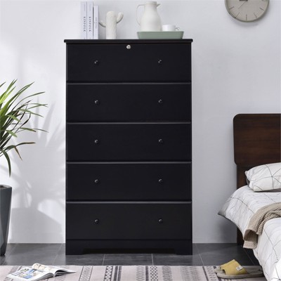 Isabela Mid-Century Black Solid Pine 5-Drawer Vertical Chest