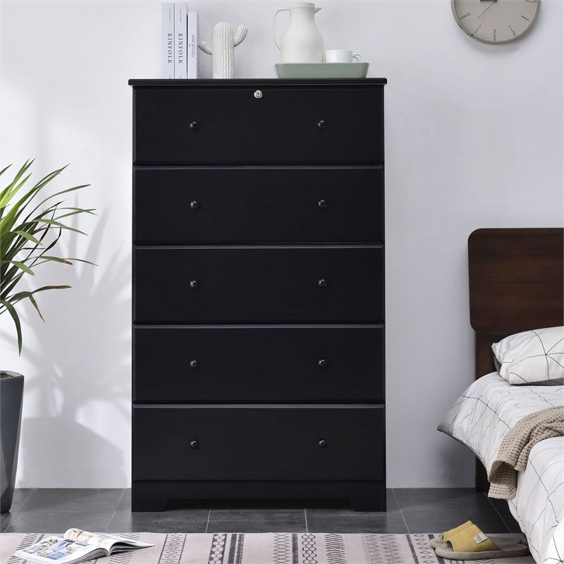 Better Home Products Isabela Solid Pine Wood 5 Drawer Chest Dresser in Black, 2 of 8