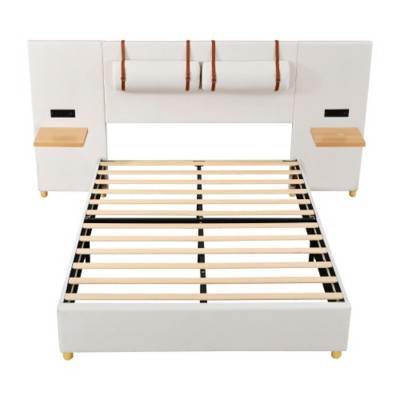 Full-Size Upholstered Velvet Platform Bed with Dual Outlets, USB Ports, Bedside Pillows, and Storage Shelves