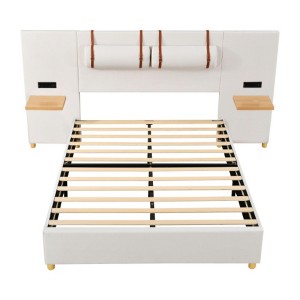Full-Size Upholstered Velvet Platform Bed with Dual Outlets, USB Ports, Bedside Pillows, and Storage Shelves - 1 of 4