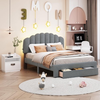 Queen Storage Bed Frame with Charging Station, Upholstered Platform Bed, Drawers & Headboard Shelves, Noise Free, Light Grey