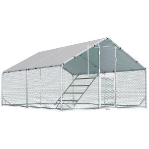 Akoasm 120 in. W Large Walk-in Metal Chicken Coop with Roof Cover & Perches-Grey - 1 of 4