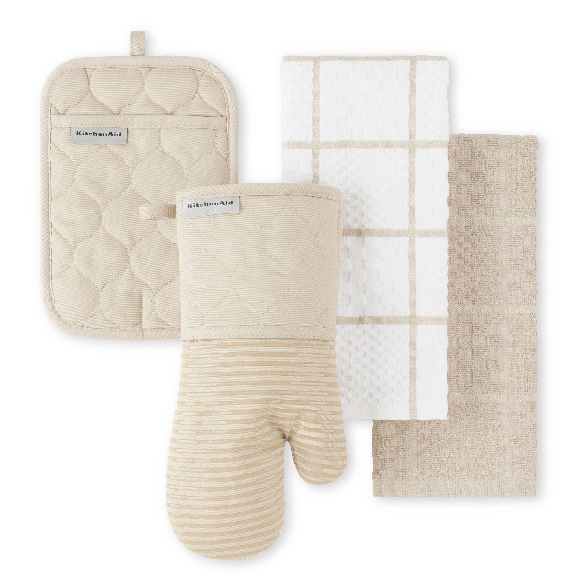 KITCHENAID Quilted Cotton Terry Cloth Oven Mitt, Pot Holder, Kitchen Towel 4-Pack Set, Silicone Grip, Milkshake, 16"x26", 7"x13" & 7"x10"