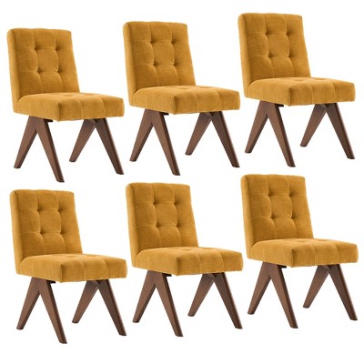 YOUNIKE Modern Upholstered Chair Dining Room Armless Kitchen Chairs Set of 6 Linen Fabric Chair Vanity with 4.7" Thick Cushion Wood V-Leg
