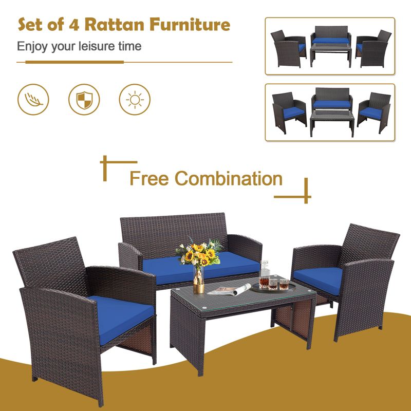 Tangkula 4PCS Outdoor Patio Furniture Sets Weather-Resistant Rattan Sofas w/ Soft Cushion Navy, 5 of 8