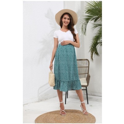 High Waist Floral Print Ruffled Tiered Midi Maternity Skirt