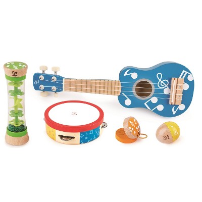 Hape Preschool Toddler Age 3 and Up 5 Piece Wood Plastic Toy Instrument Band Set with Ukuleke, Tambourine, Castanet, Rainstick, and Maraca