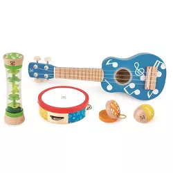 Hape Preschool Toddler Age 3 and Up 5 Piece Wood Plastic Toy Instrument Band Set with Ukuleke, Tambourine, Castanet, Rainstick, and Maraca
