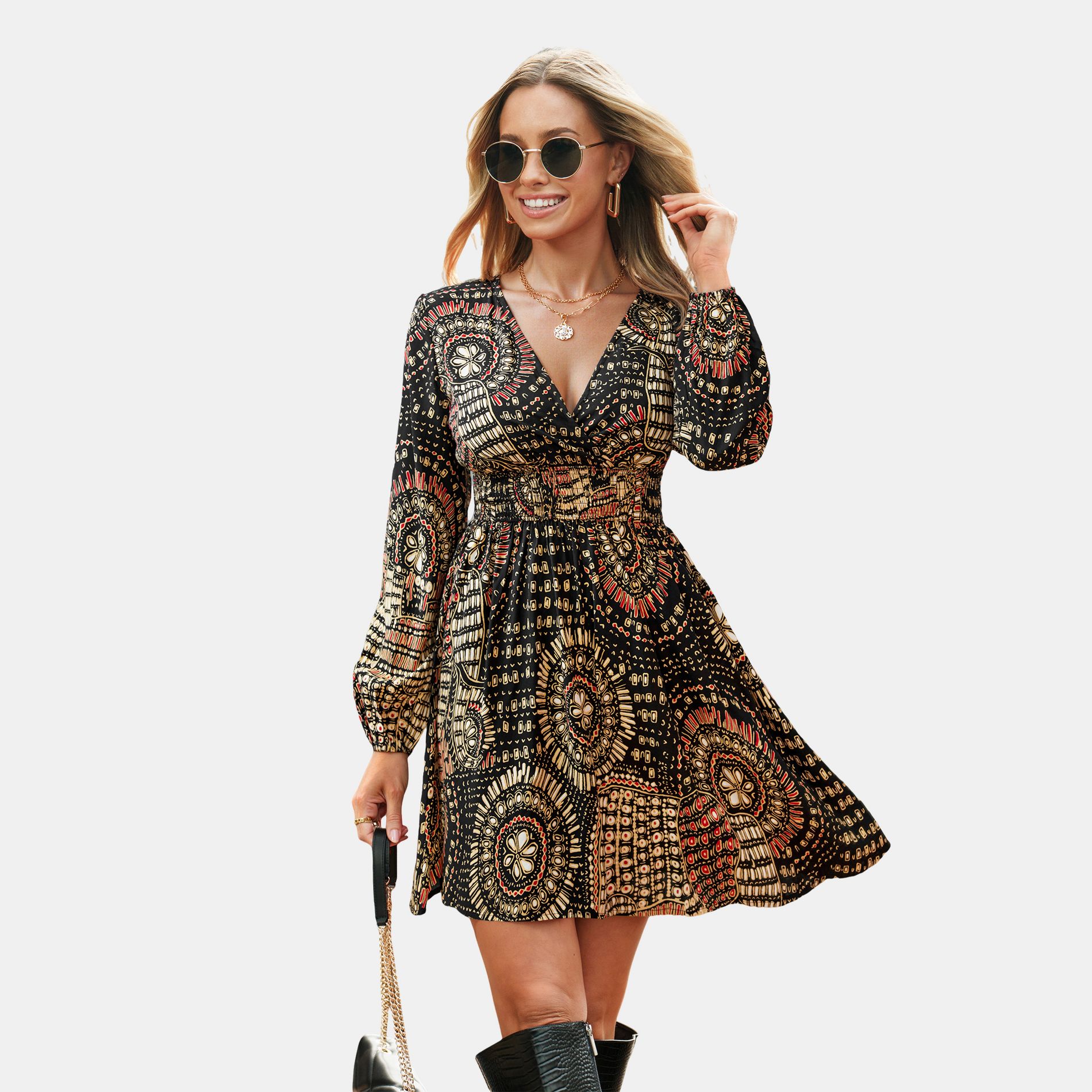 Women's Boho Chic Printed V-Neck Mini Dress - Cupshe-S-Brown Floral
