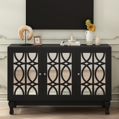 VYNXARIA Modern Mirrored TV Stand for TV up to 55 Inches, Entertainment Center Solid Wood Legs, Metal Handle and 3 Adjustable Shelves,Black
