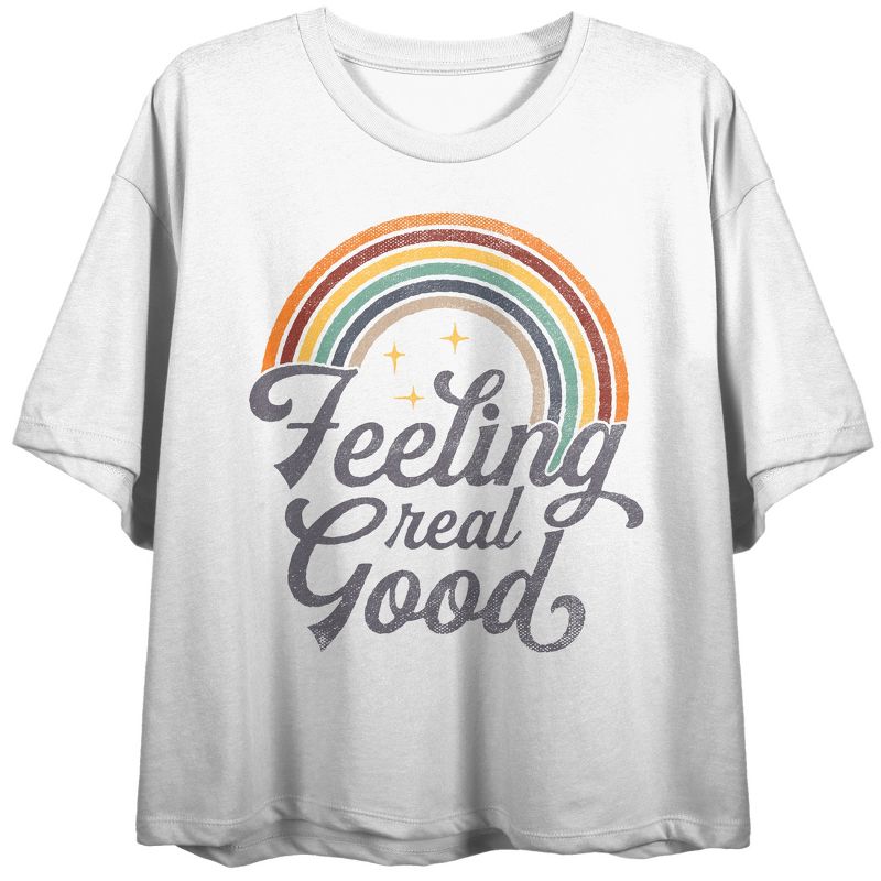 Rainbow "Feeling Real Good" Vintage-Inspired Women's White Cropped Tee, 1 of 3