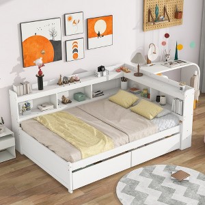 Full Size Daybed, Wooden Platform Bed Frame with L-shaped Bookshelf, Storage Drawers, White -ModernLuxe - 1 of 4