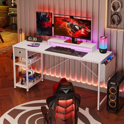 White 61-Inch LED Computer Desk with Drawer and Headphone Hook