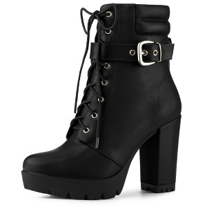 Allegra K Women's Platform Solid Buckle Lace Up Block Heel Ankle Boot - 1 of 4