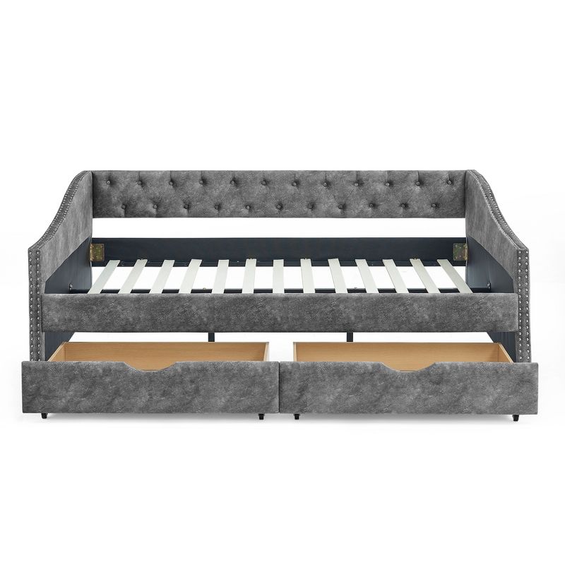 Full Size Upholstered Button Tufted Sofa Bed with Drawers and Waved Shape Arms, Gray - ModernLuxe, 5 of 11