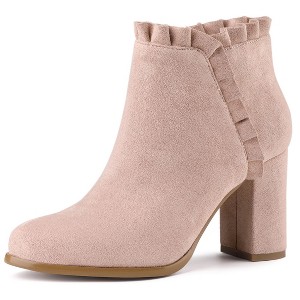 BLISSFUL STEP Women's Back to College Party Ruffle Pointed Toe Block Heel Ankle Boots - 1 of 4