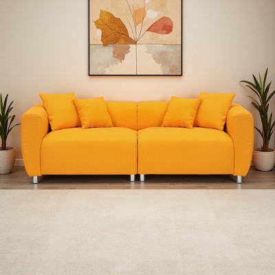 89" Teddy Velvet 3-Seater Sofa with 4 Pillows, Metal Legs & Solid Wood Frame