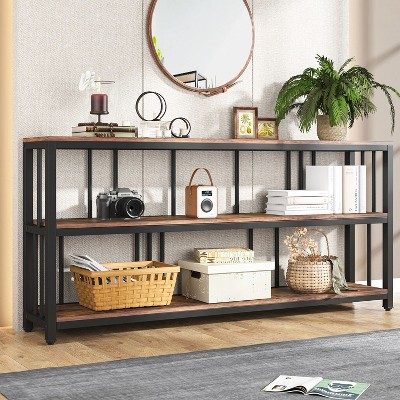 70.9'' Rustic Brown and Black Wood Metal Console Table with Storage