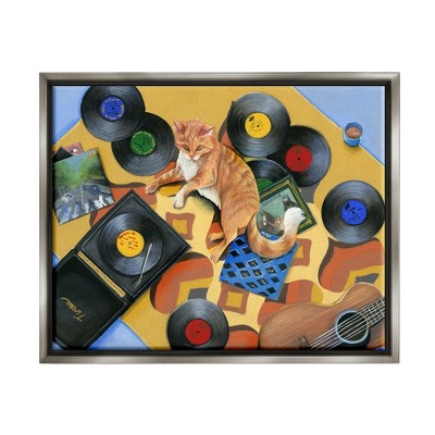 Stupell Industries Cat & Vintage Record Player Framed Floater Canvas Wall Art