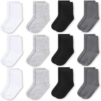 Black/Gray/White 12 pack socks for Girls or Boys, Little Kids Ages 6-10 Years