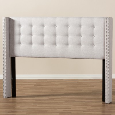 Beige Tufted Upholstered Full Wingback Headboard with Nailhead Trim