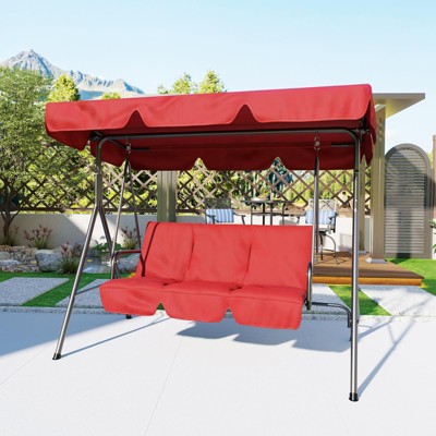 3 Seat Outdoor Porch Swing with Adjustable Canopy, Convertible Patio Swing Bed with Stand Patio SwingChair with Adjustable Tilt Shade
