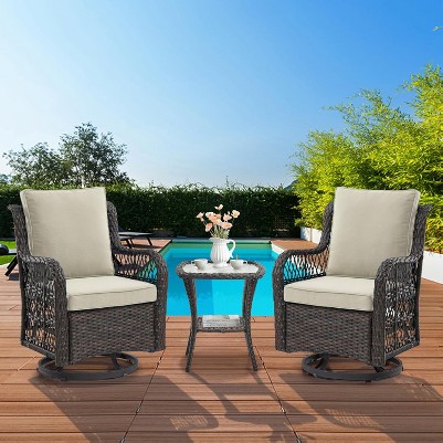 dark brown wicker/beige cushion