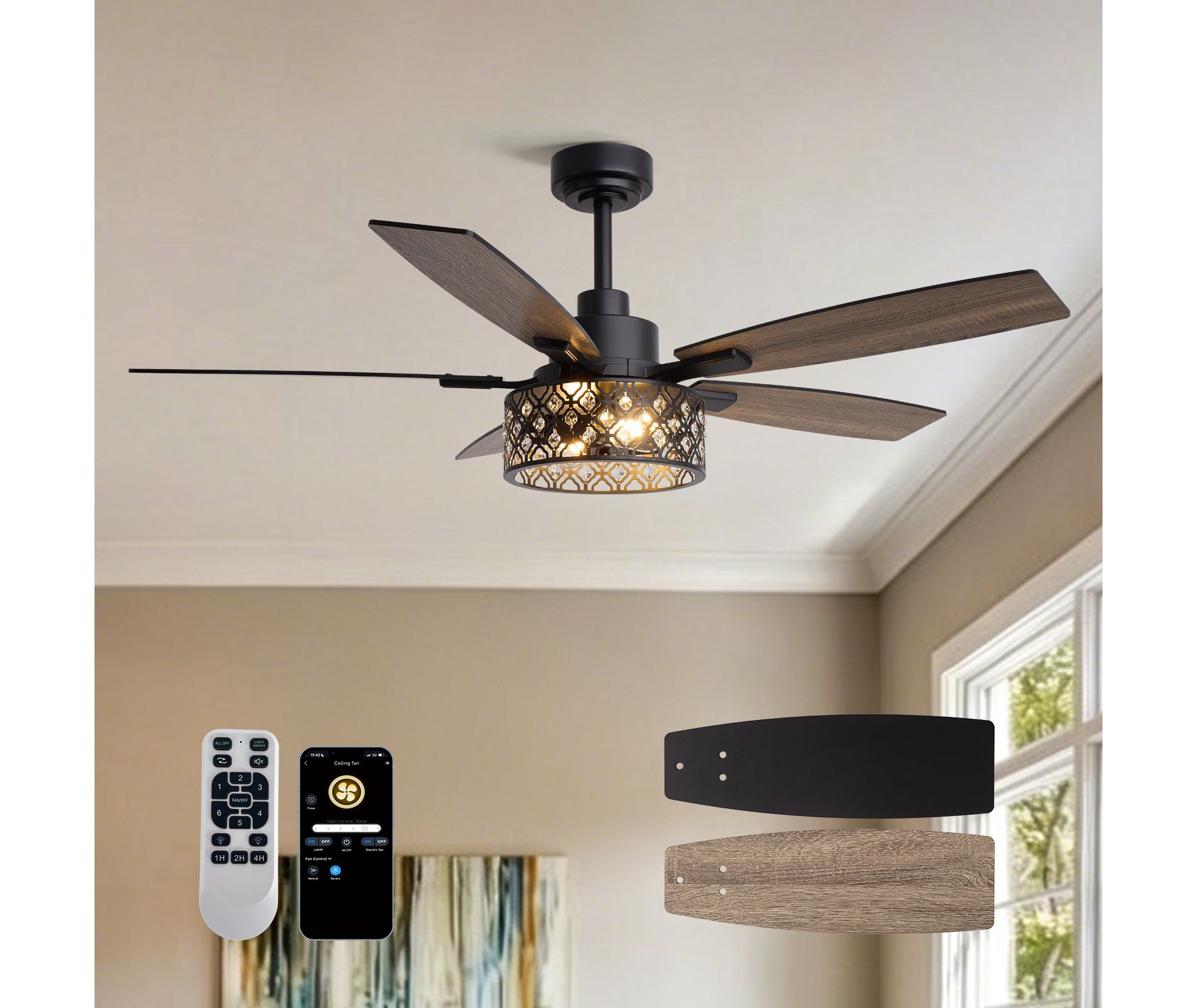 Siljoy 52 Inch Farmhouse Ceiling Fans with Light and Remote, Dual Finish 5 Blades, Crystal Style Caged Ceiling Fan for Living Room Bedroom Outdoor