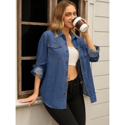 INSPIRE CHIC Women's Long Sleeve Button Down Turndown Collar Jean Denim Jacket with Pocket Blue Small — фото 3