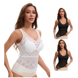 INSPIRE CHIC Women's 3 Packs Lace Mesh V-Back Wide Strap Fixed Cup Tank Top Longline Light and Breathable Camisoles - 1 of 4