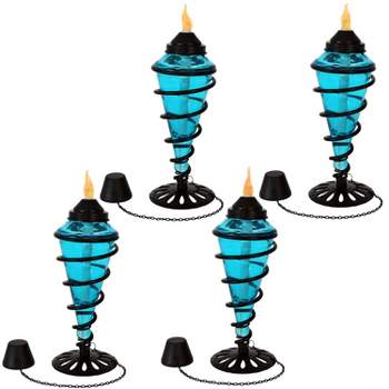 Sunnydaze Outdoor Tabletop Glass and Metal Swirl Patio Table and Lawn Torch Set - Blue