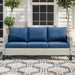 POCASSY 74.4" Outdoor Wicker Couch with Metal Armrest, 3-Seater Couch with Square Armrest Patio Furniture Sofa for Porch Balcony - 1 of 4