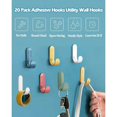 LunaLulinlk 20 Pack Adhesive Hooks Utility Wall Hooks, Cute Key Hooks for Wall Decorative Key Holder Rack, Colorful Self Adhesive Wall Hooks