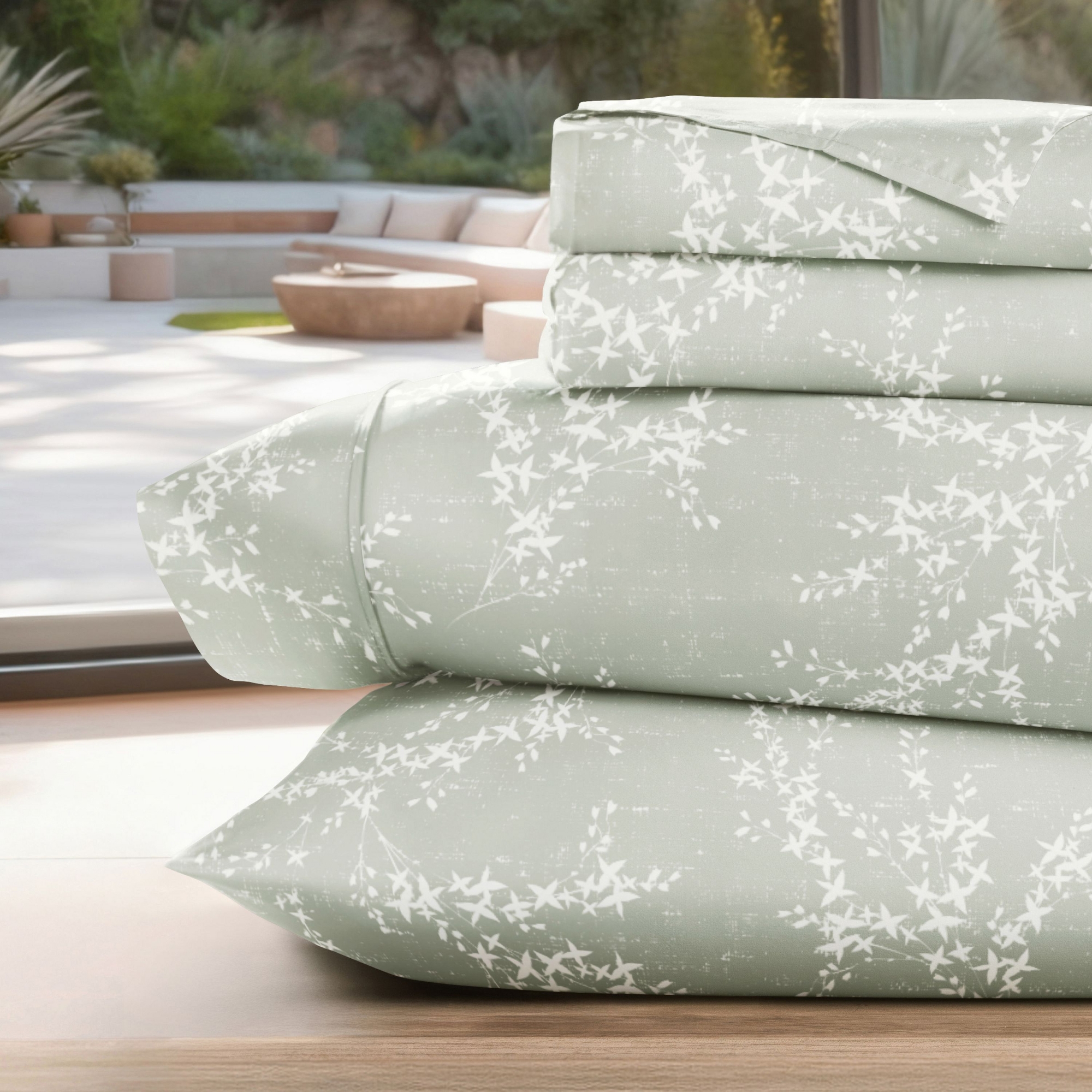 Pattern Bed Sheet Set, Soft Double Brushed Microfiber, 4 Piece, Delicate Details - Becky Cameron, Distressed Willow Green Mist, Queen