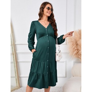 midi dress for pregnancy Long Sleeve Button Front Midi Dress