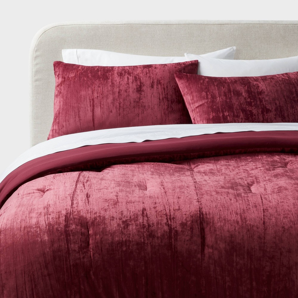 Photos - Bed Linen 3pc Full/Queen Luxe Distressed Crinkle Velvet Comforter and Sham Set Berry