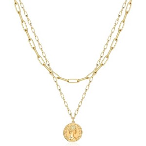 Multi-Charm Layered Necklace 14K Gold Plated Evil Eye Coin Bee Pendants - 1 of 4