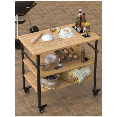 Pizza Oven Table 33"x20"x35.5",3-Tier Bamboo Outdoor Grill Cart,4-Wheel Mobility, Bar Cart Food Prep Table Kitchen Prep/Grill