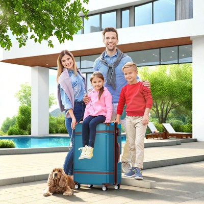 FURNIinspire Bag And Luggage Sets 4 Pieces Luggage And Cosmetic Case Spinner Suitcase, Family Friendly Lightweight Suitcase, Blue, 20" 24" 28"